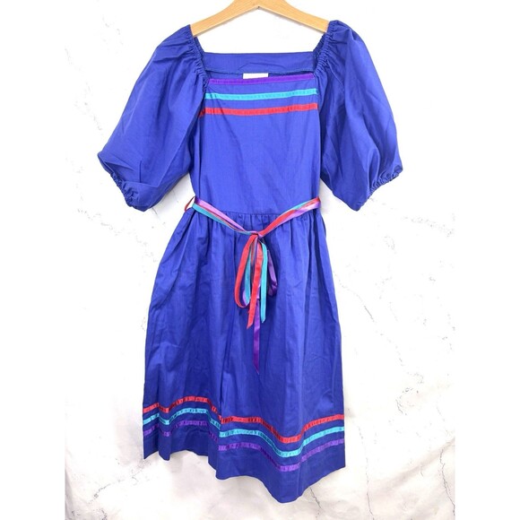 Vintage 70s Prairie Dress Kids Girls Sz 10 cottagecore Folk Blue Novelty Ribbon - Picture 15 of 16